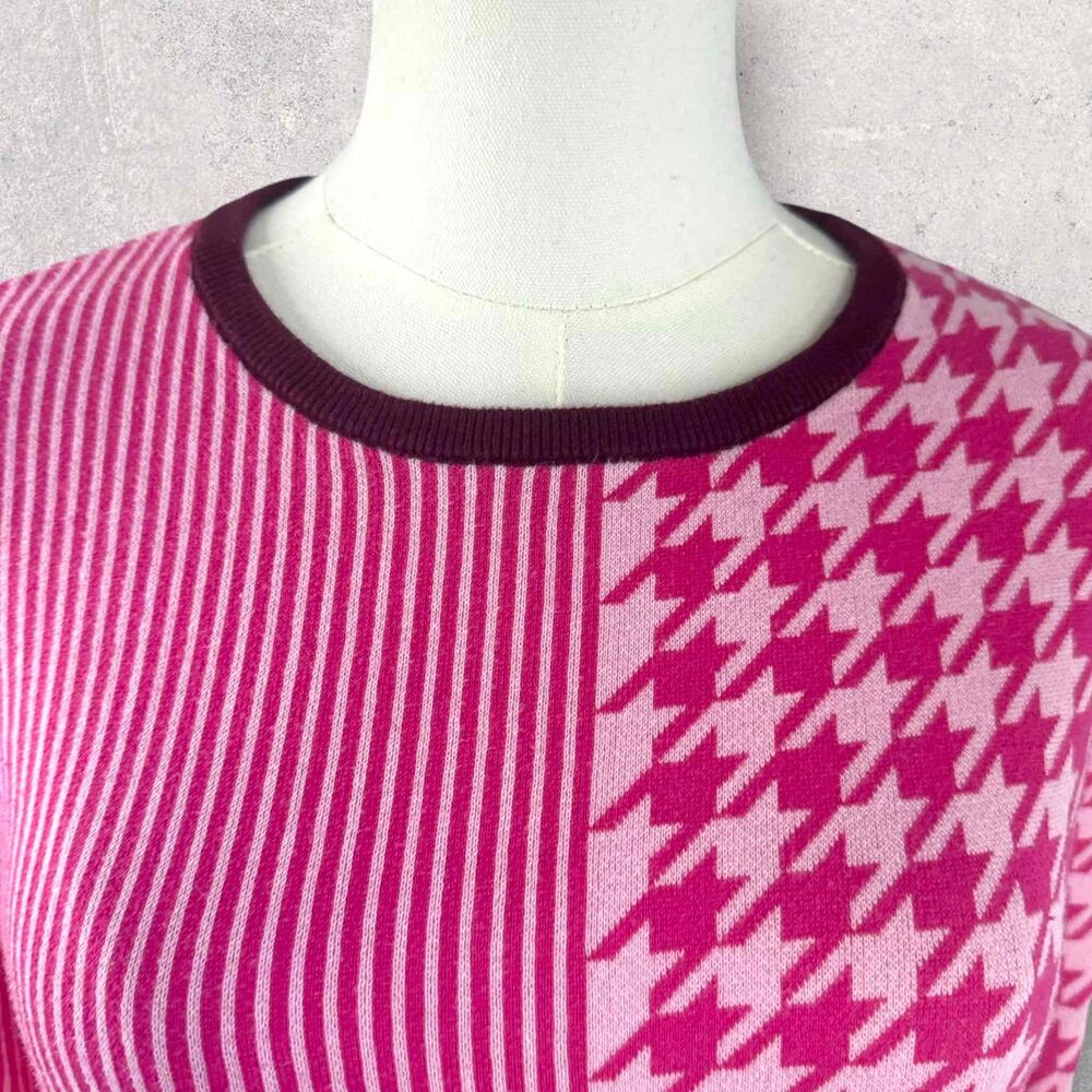 Dolan Pink White Long Sleeve Crew Neck Stripe Houndstooth Pullover Sweater Small - Picture 8 of 16